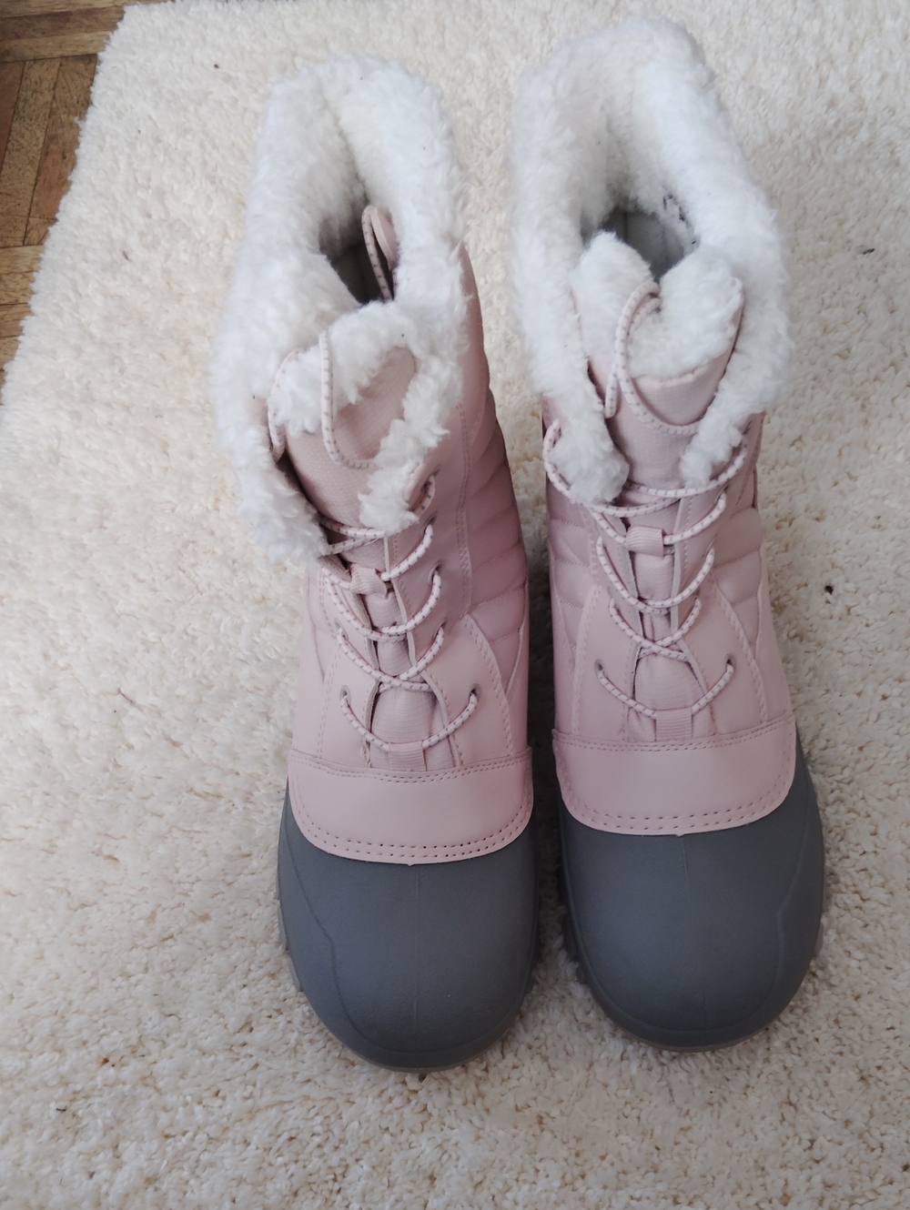 Women's Blush Pink Lace-Up Winter Boots with Faux Fur Trim